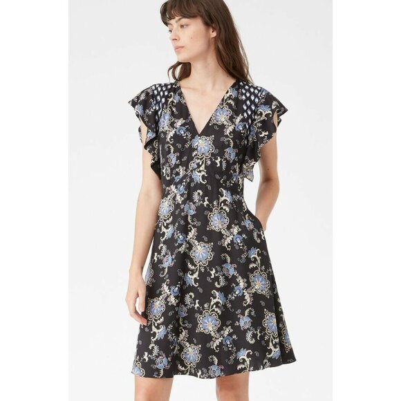 New Rebecca Taylor Ruffle Sleeve Paisley Silk Blend A-line Dress Black Combo 4 - Picture 4 of 14